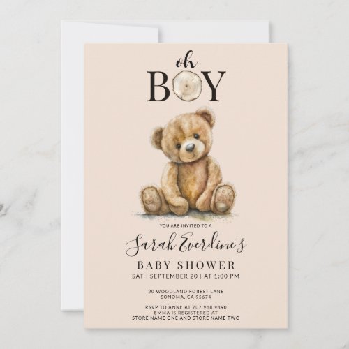 Oh Boy Teddy Bear Watercolor Baby Shower  Invitation