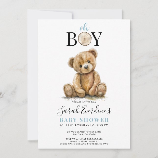 Oh Boy Teddy Bear Watercolor Baby Shower  Invitation (Front)