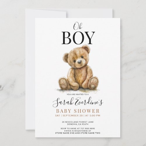 Oh Boy Teddy Bear Watercolor Baby Shower  Invitation