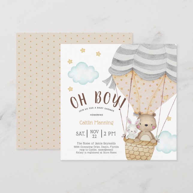 Oh Boy Teddy Bear Woodland Baby Shower Invitation (Front/Back)