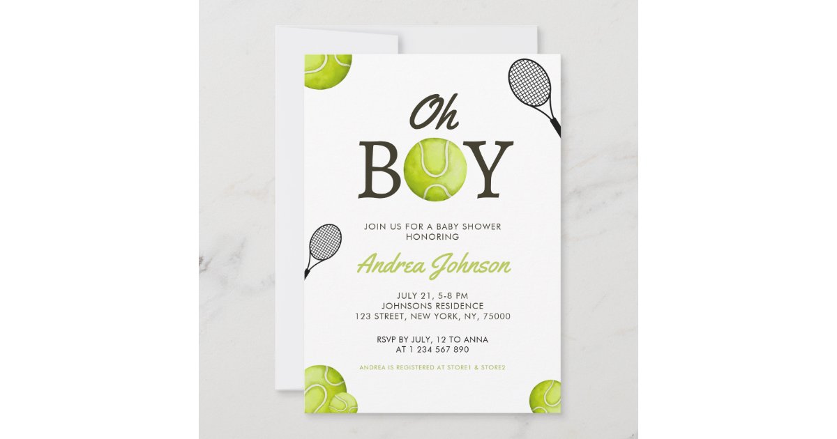Oh Boy Tennis Baby Shower Watercolor Racket & Ball Save The Date Zazzle