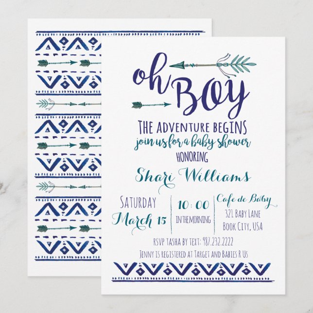 Oh Boy Tribal Baby Shower Invitation - TEAL CUSTOM (Front/Back)
