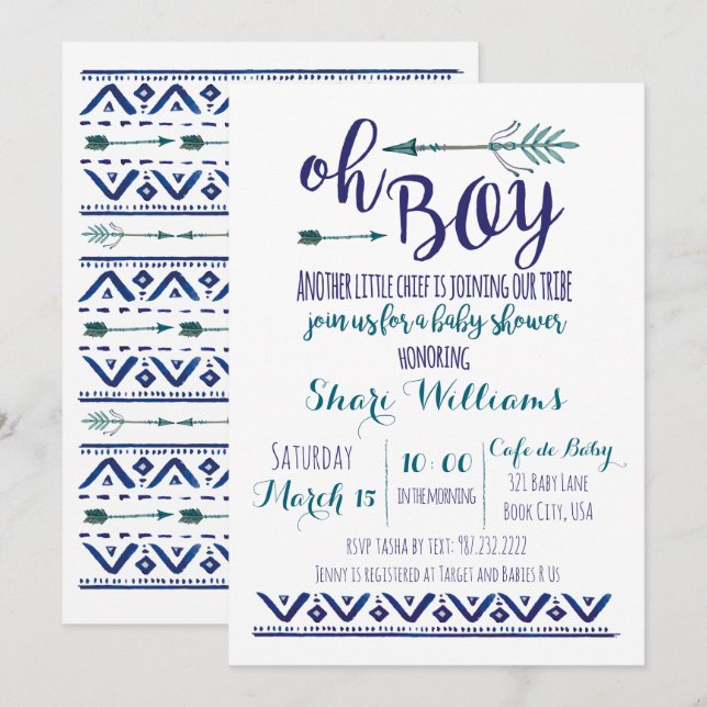 Oh Boy Tribal Baby Shower Invitation - TEAL CUSTOM (Front/Back)