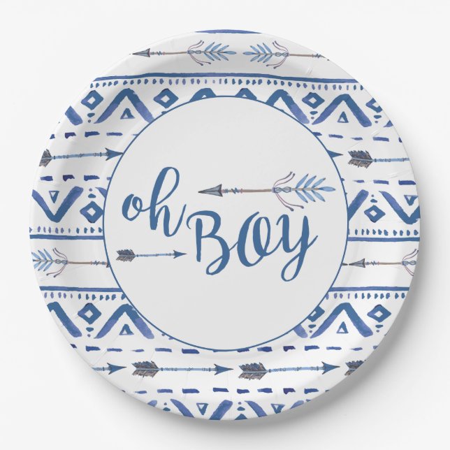 Oh Boy Tribal Baby Shower Paper Plates (Front)