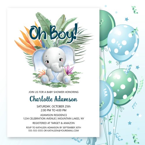 Oh Boy Tropical Baby Elephant Baby Shower Invitation