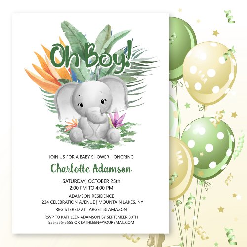 Oh Boy Tropical Gray Baby Elephant Baby Shower Invitation