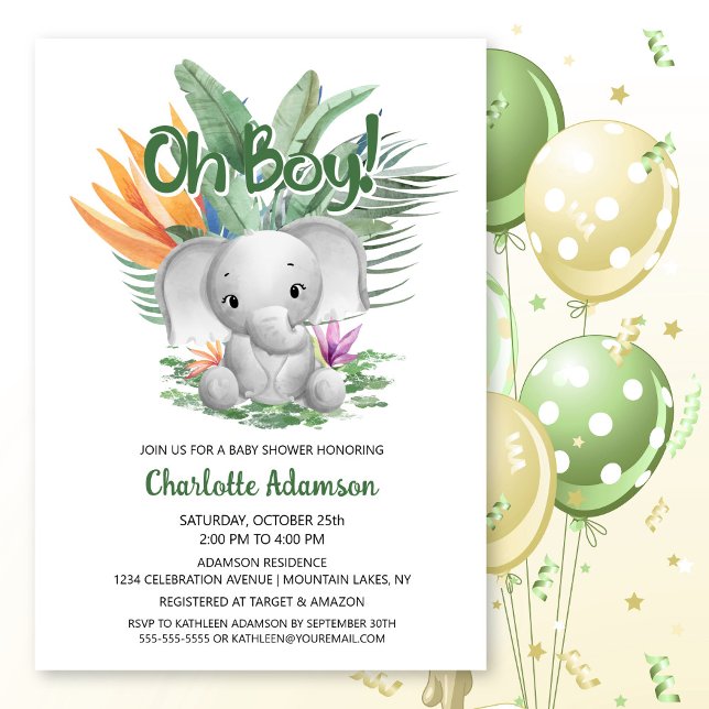 Oh Boy! Tropical Gray Baby Elephant Baby Shower Invitation (Creator Uploaded)
