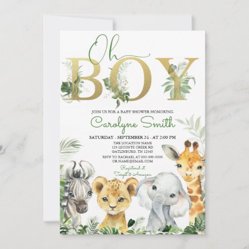 Oh Boy Tropical Jungle Animals Baby Shower Invitation