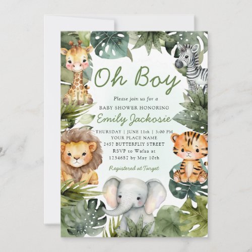 Oh boy Tropical jungle safari animals baby shower Invitation