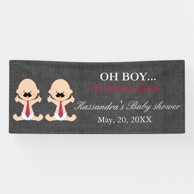 OH BOY! Twin Boys Mustache Baby Boys Shower Banner (Horizontal)