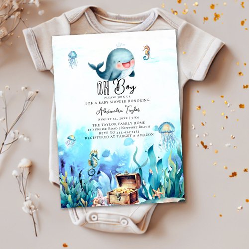 Oh Boy Under Sea Cute Whale Ocean Baby Shower Invitation