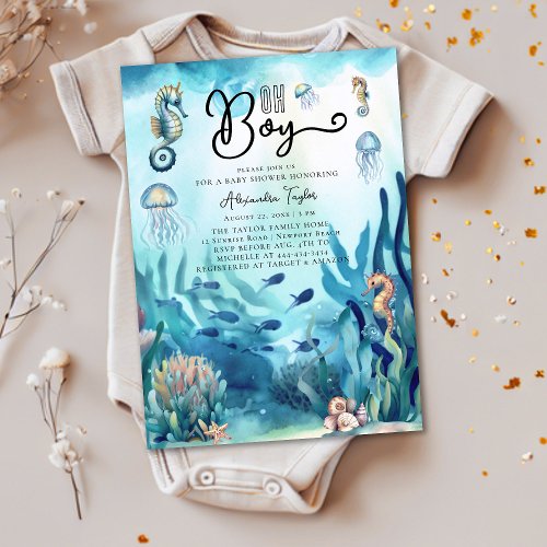 Oh Boy Under Sea Seahorse Cute Ocean Baby Shower Invitation