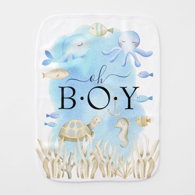 Oh Boy Under the Sea Baby  Burp Cloth (Front)