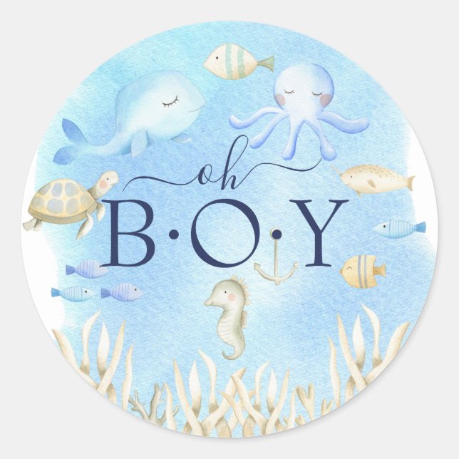 Oh Boy Under the Sea Baby Shower Favor Classic Round Sticker (Front)
