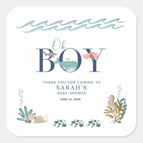Oh Boy Under the Sea Baby Shower Thank You Square Sticker - Designed to coordinate with our bestselling baby shower invitation, this cute Under the Sea design features watercolor sea animals. Contact designer for matching products and design variations. Copyright Elegant Invites, all rights reserved.