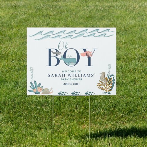 Oh Boy Under the Sea Blue Watercolor Baby Shower Sign