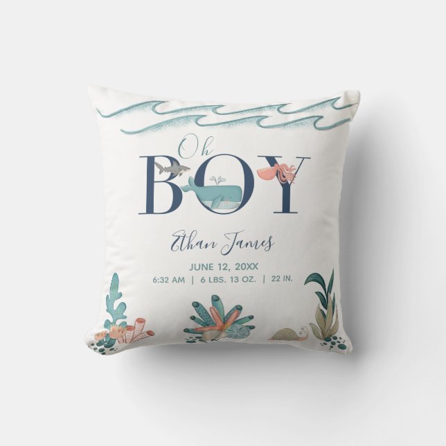 Oh Boy Under the Sea Octopus Baby Birth Stats Throw Pillow (Front)