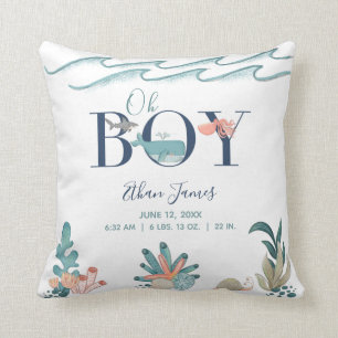 Oh Boy Under the Sea Octopus Baby Birth Stats Throw Pillow