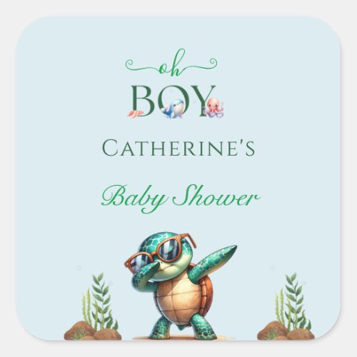 Oh Boy Under The Sea Turtle Baby Shower Square Sticker