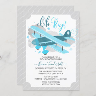 Oh Boy Vintage Airplane Baby Shower Blue and Grey Invitation