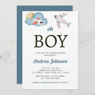 Oh Boy Watercolor Airplane Cloud Sky Baby Shower Save The Date