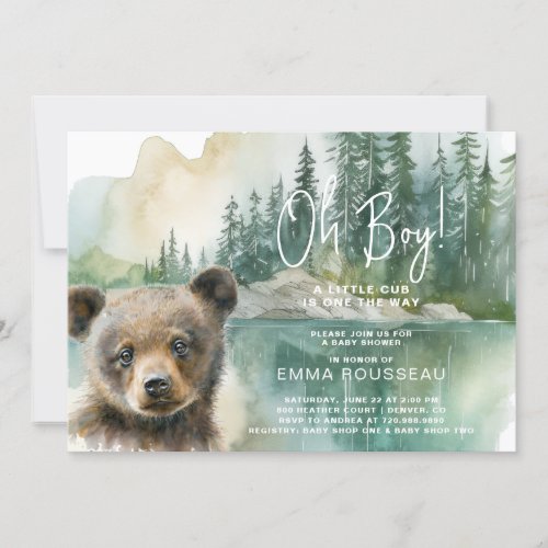 Oh Boy Watercolor Bear Cub Baby Shower Invitation