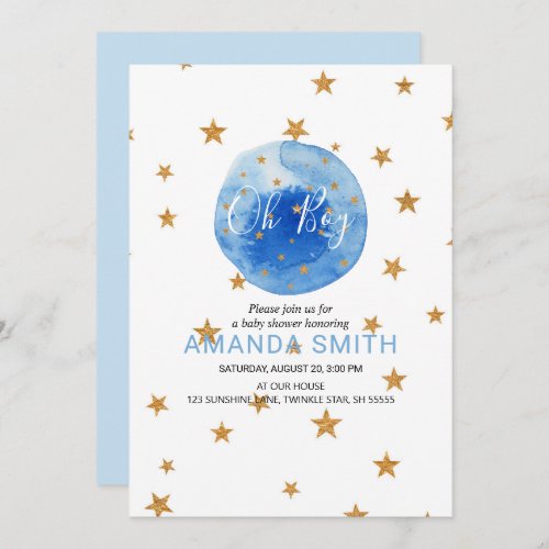 Oh Boy Watercolor Bloom and Yellow Stars  Invitation