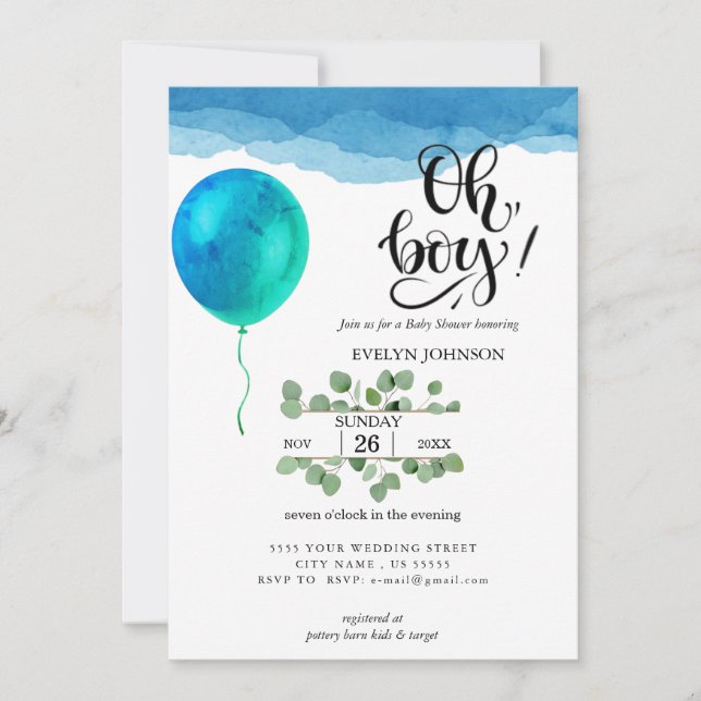 Oh Boy Watercolor blue clouds Baby Shower  Invitation (Front)
