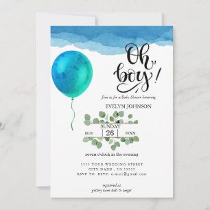 Oh Boy Watercolor blue clouds Baby Shower Invitation