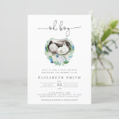 Oh Boy Watercolor Blue Floral Wreath Baby Shower I Invitation (Standing Front)