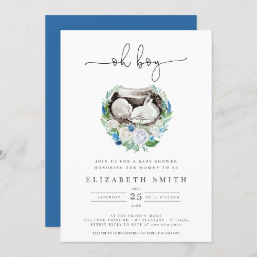 Oh Boy Watercolor Blue Floral Wreath Baby Shower I Invitation