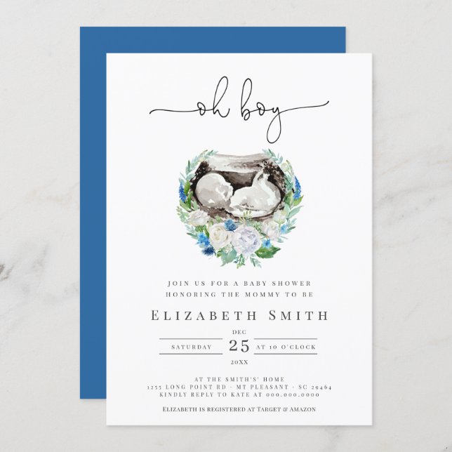 Oh Boy Watercolor Blue Floral Wreath Baby Shower I Invitation (Front/Back)