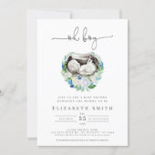 Oh Boy Watercolor Blue Floral Wreath Baby Shower I Invitation (Front)