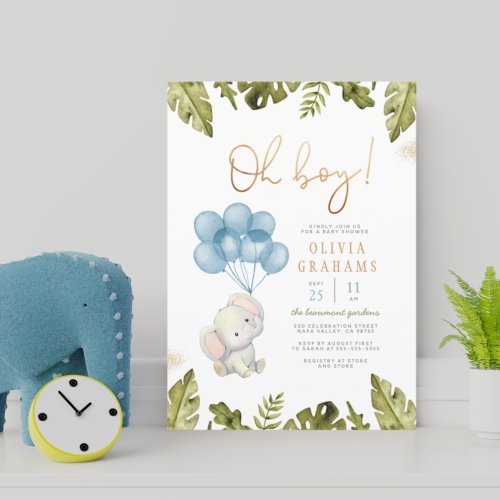  Oh Boy Watercolor Elephant  Balloons Baby Shower Invitation