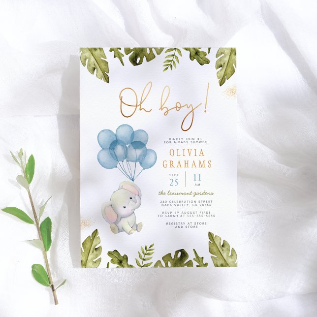  Oh Boy Watercolor Elephant & Balloons Baby Shower Invitation (Creator Uploaded)