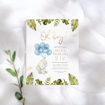 Oh Boy Watercolor Elephant & Leaves Baby Shower Postcard<br><div class="desc">A modern boho-style boy shower theme featuring a hand-painted watercolor baby elephant holding a bunch of blue balloons. At the top and bottom of this invite, there are tropical leaves and gold-colored glitter. "Oh boy!" appears in faux gold lettering with your event details below. Click "Personalize this template" to change...</div>