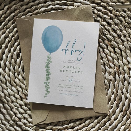 Oh Boy  Watercolor Eucalyptus Balloon Baby Shower Invitation