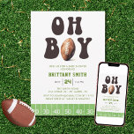 Oh Boy Watercolor Football Baby Shower Invitation<br><div class="desc">Oh Boy! A baby boy is on the way. This baby shower invitation features a football sports theme. The title text is a groovy retro 70s font with a watercolor football. The bottom border is a watercolor football yard line.</div>