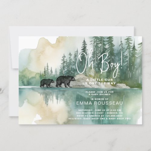 Oh Boy Watercolor Mom And Bear Cub Baby Shower Invitation