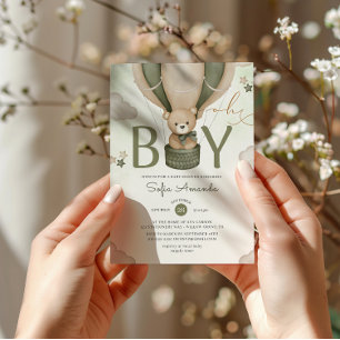 Oh Boy Watercolor Teddy Bear Green Baby Shower Invitation