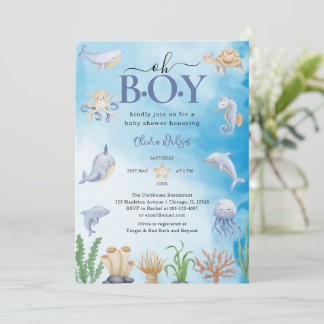 Oh Boy Watercolor Under The Sea Baby Shower Invitation