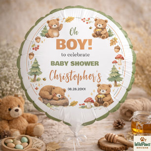 Oh Boy Watercolor Woodland Bear Baby Shower Balloon