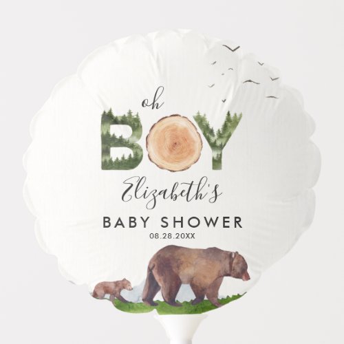 Oh Boy Watercolor Woodland Bear Baby Shower Balloon