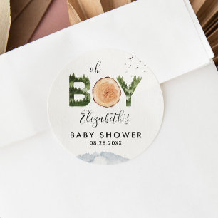 Oh Boy Watercolor Woodland Bear Baby Shower  Classic Round Sticker