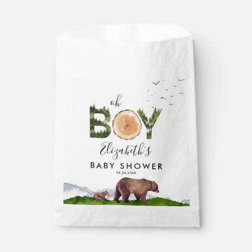 Oh Boy Watercolor Woodland Bear Baby Shower  Favor Bag