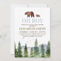 Oh Boy Watercolor Woodland Bear Baby Shower Invitation