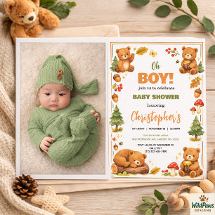 Oh Boy Watercolor Woodland Bear Baby Shower Invitation
