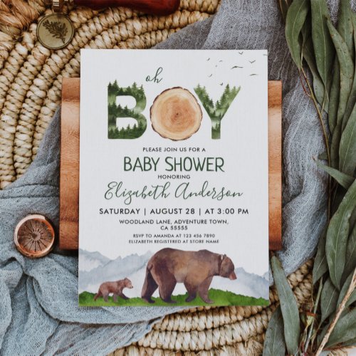 Oh Boy Watercolor Woodland Bear Baby Shower  Invitation
