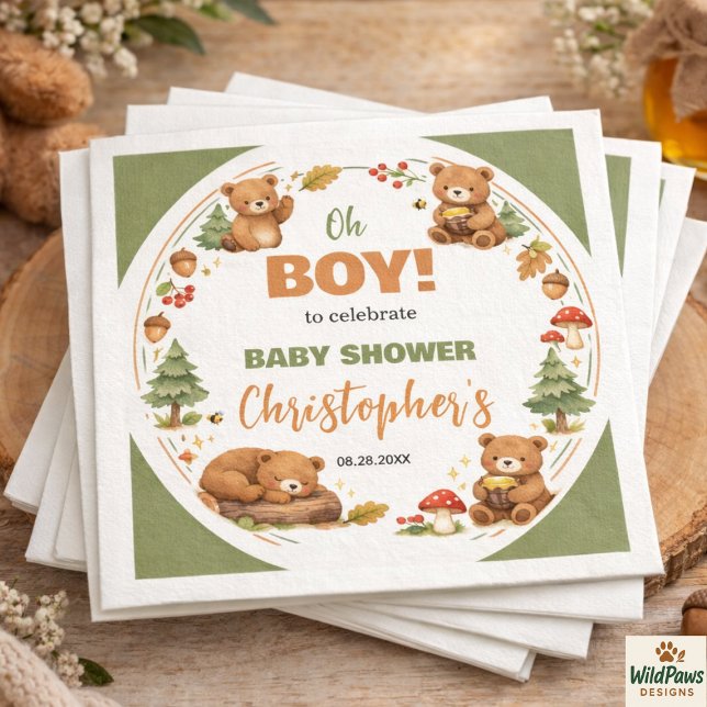 Oh Boy Watercolor Woodland Bear Baby Shower Napkins (Oh Boy Watercolor Woodland Bear Baby Shower Napkins)