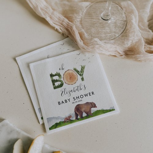 Oh Boy Watercolor Woodland Bear Baby Shower  Napkins